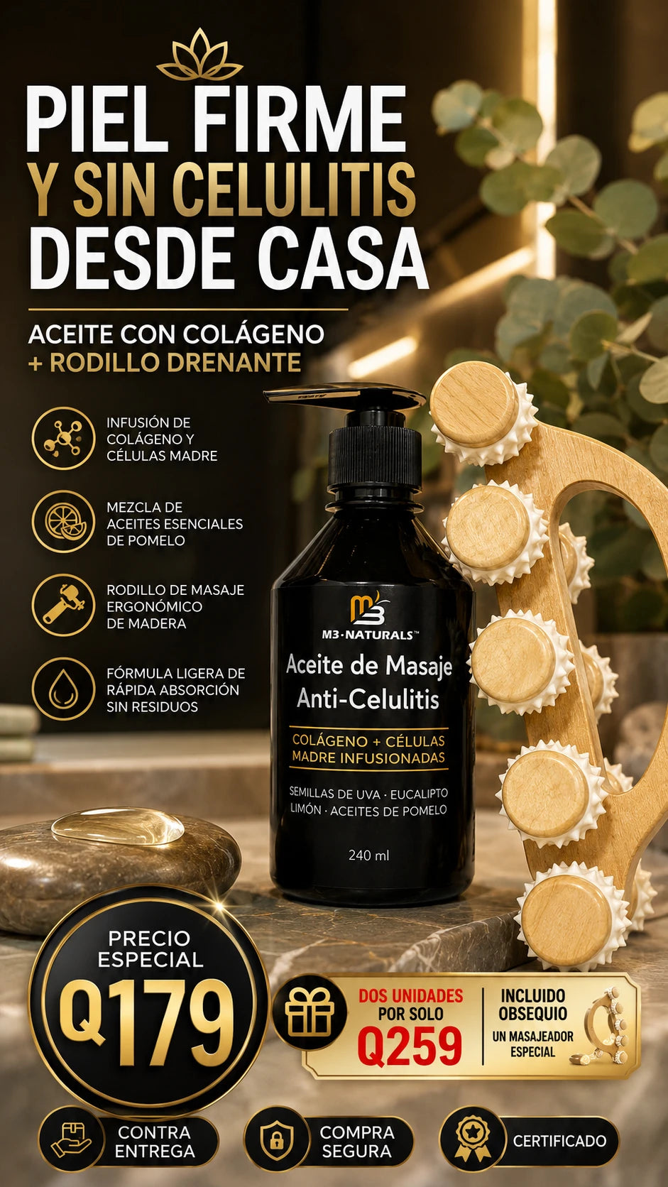 M3 Naturals Aceite de Masaje Anti-Celulitis con Rodillo de Madera