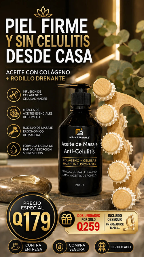 M3 Naturals Aceite de Masaje Anti-Celulitis con Rodillo de Madera